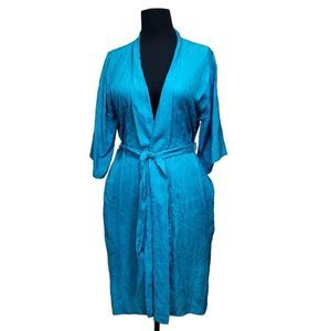 Vintage 80s Dynasty Turquoise Silk Embossed Textured‎ Design Kimono Robe
